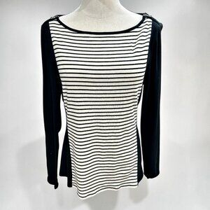 Lauren Ralph Black White Breton Striped Boat Neck Top LP Petite Preppy Parisian